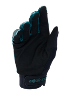Luvas Alpinestars A-Dura, luvas de ciclismo BTT, verde camuflado e preto, vista da palma em material de camurça sintética preta, punho de neoprene com tira ajustável de gancho e laço, logótipo Alpinestars em azul-petróleo, equipamento profissional para todo-o-terreno