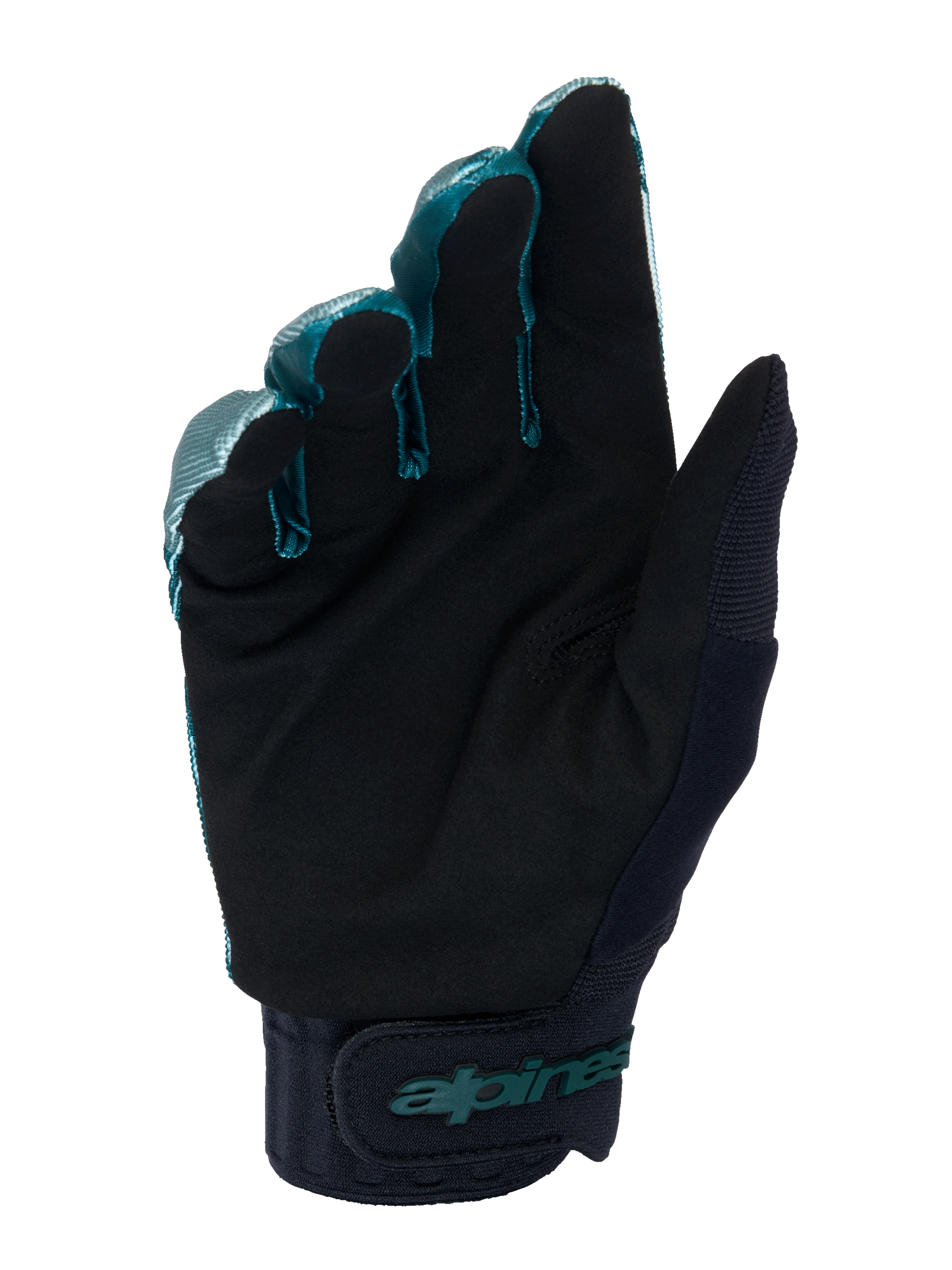 Luvas Alpinestars A-Dura, luvas de ciclismo BTT, verde camuflado e preto, vista da palma em material de camurça sintética preta, punho de neoprene com tira ajustável de gancho e laço, logótipo Alpinestars em azul-petróleo, equipamento profissional para todo-o-terreno