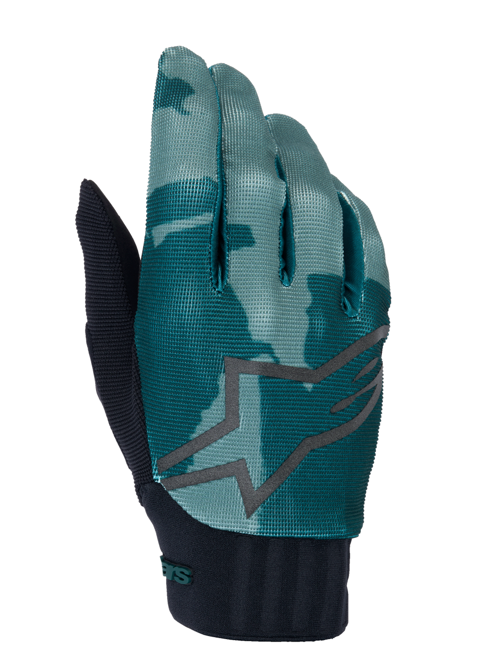 Luvas Alpinestars A-Dura, luvas de BTT, Green Camo, padrão camuflado verde-azulado e verde escuro com um grande logótipo de estrela cinzento, punho de neoprene canelado preto, equipamento técnico para ciclismo todo-o-terreno