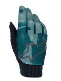 Luvas Alpinestars A-Dura, luvas de BTT, Green Camo, padrão camuflado verde-azulado e verde escuro com um grande logótipo de estrela cinzento, punho de neoprene canelado preto, equipamento técnico para ciclismo todo-o-terreno