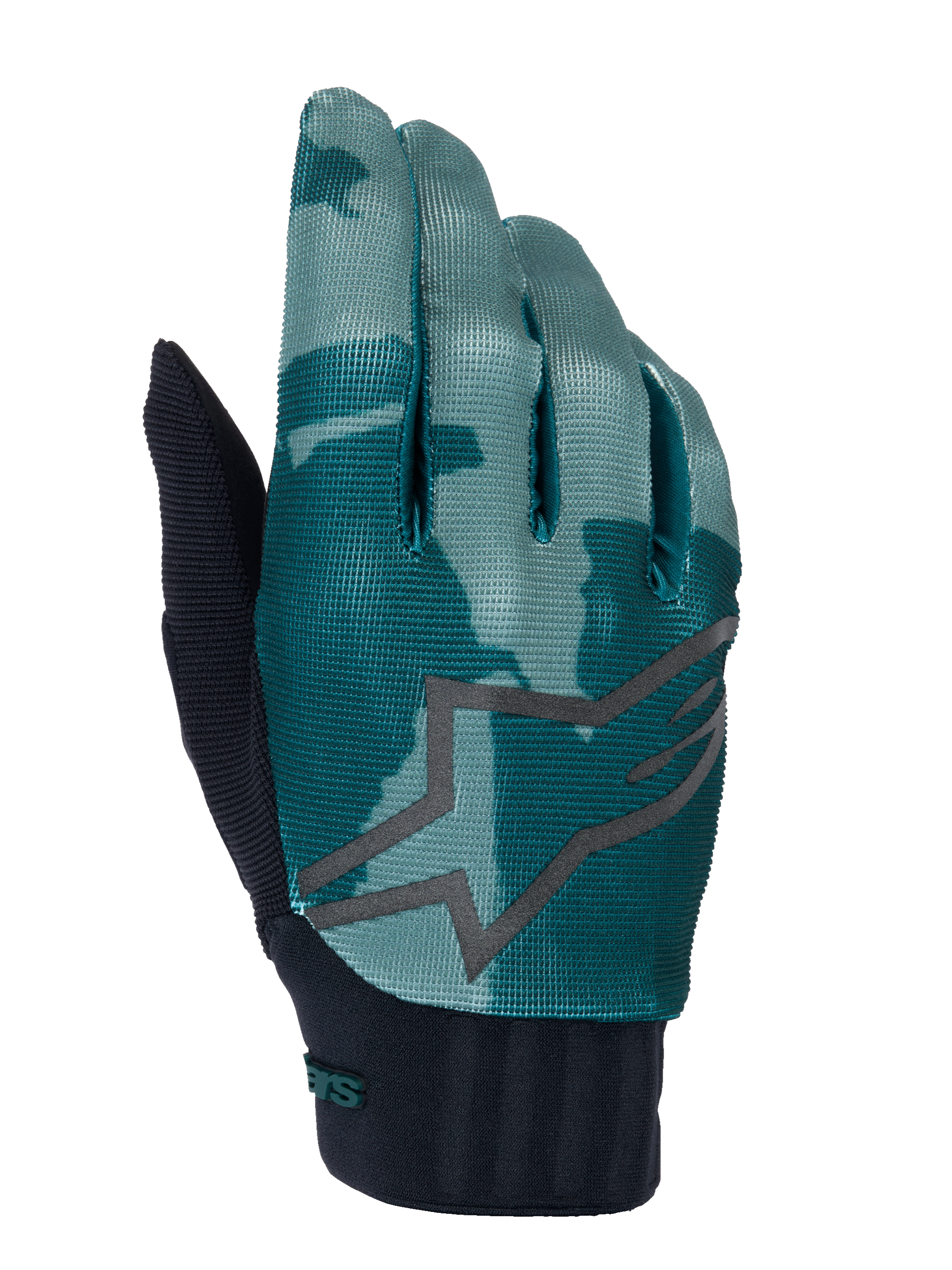 Alpinestars A-Dura Gloves, MTB Mountain Biking Gloves, Green Camo, teal and dark green camouflage pattern with a large grey star logo, black ribbed neoprene cuff, technical gear for off-road cycling
