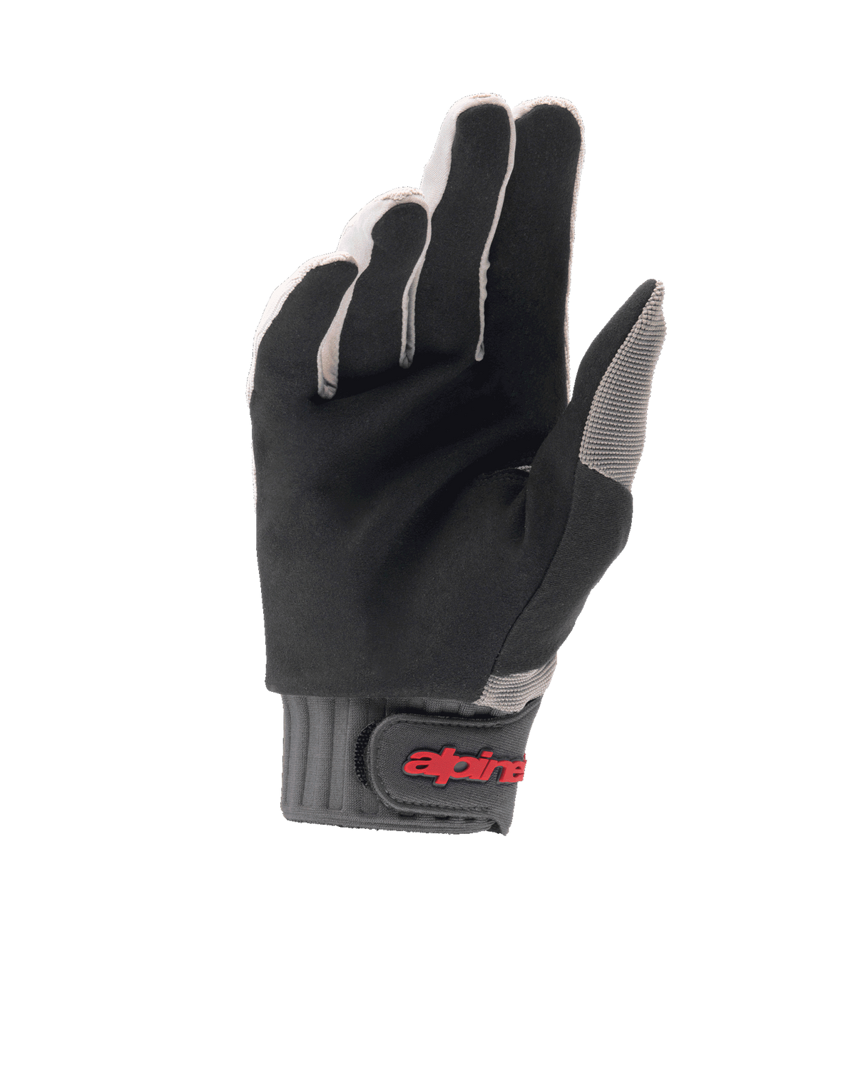 Luvas Alpinestars A-Dura, luvas de ciclismo MTB, cinzento claro e preto, vista da palma destacando a camurça sintética durável, punho canelado cinzento com fecho de gancho e laço e logótipo vermelho, desenhadas para aderência e conforto em bicicleta de montanha