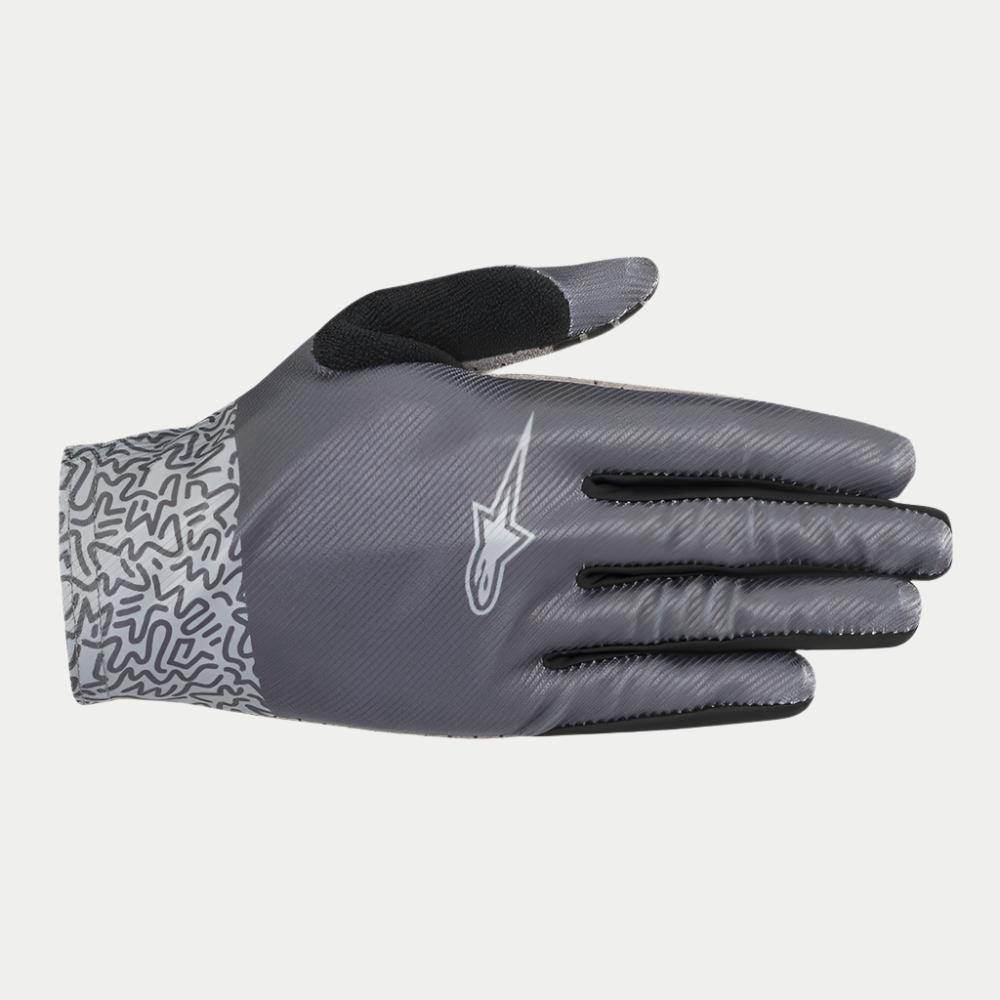 Luvas Alpinestars Stella Alderex Pro Femininas, luvas de BTT, cinzento antracite, com as costas da mão de textura diagonal, logótipo Alpinestars branco, patch de polegar em tecido atoalhado preto e punho com padrão abstrato, equipamento de ciclismo todo-o-terreno