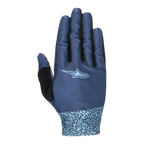Alpinestars Women Stella Alderex Pro Gloves, Mid Blue, MTB and Off-Road Cycling Gloves, top view featuring breathable stretch mesh, light blue logo, abstract doodle pattern on the cuff, and black terry cloth thumb patch
