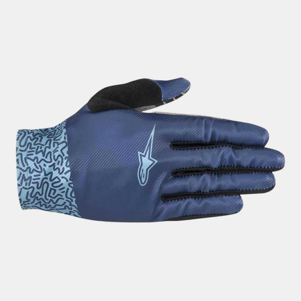 Alpinestars Stella Alderex Pro Gloves, Women's MTB Gloves, Mid Blue, featuring a dark blue textured backhand with a light blue star logo, light blue patterned cuff, and black thumb patch, designed for off-road cycling