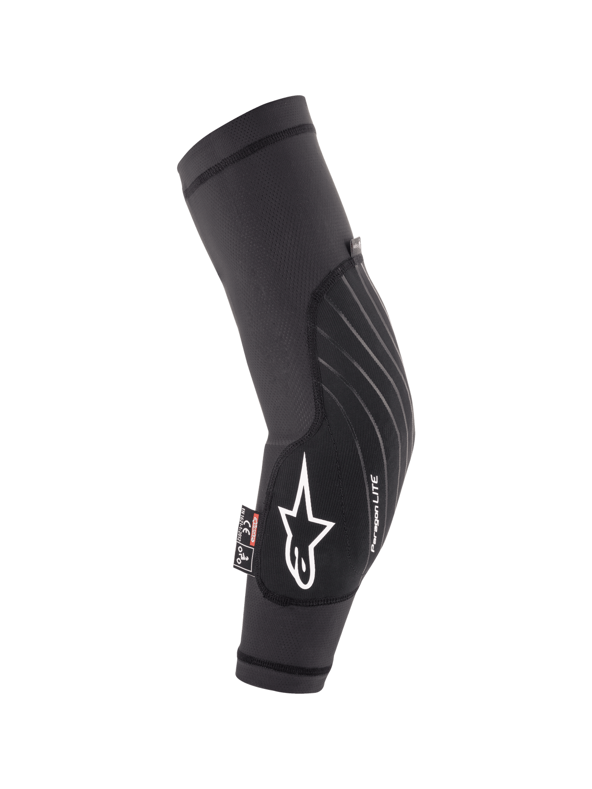 Alpinestars Youth Paragon Lite, cotoveleiras para jovens, pretas, proteção leve para BTT, manga de malha respirável com logótipo de estrela branco e marca Paragon LITE, design ergonómico curvo com painel frontal durável
