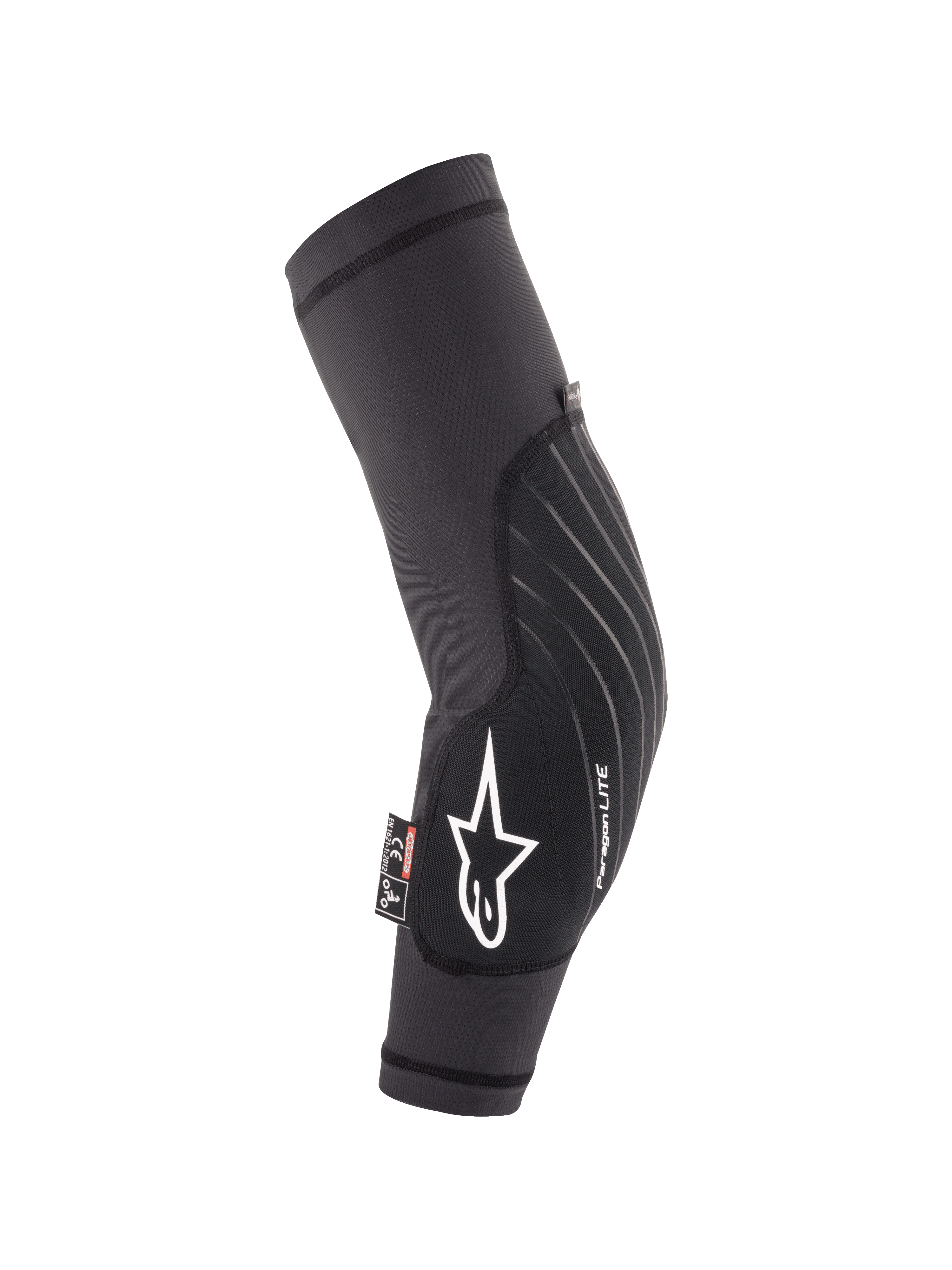 Alpinestars Youth Paragon Lite, cotoveleiras para jovens, pretas, proteção leve para BTT, manga de malha respirável com logótipo de estrela branco e marca Paragon LITE, design ergonómico curvo com painel frontal durável