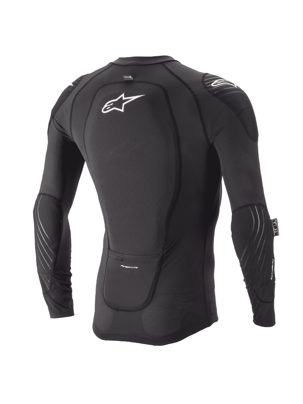 Casaco de Proteção Juvenil Alpinestars Paragon Lite, Manga Comprida, Preto, vista traseira com protetor de costas integrado e logótipo branco, mangas em malha respirável com acolchoamento nos cotovelos, proteção de corpo leve para MTB