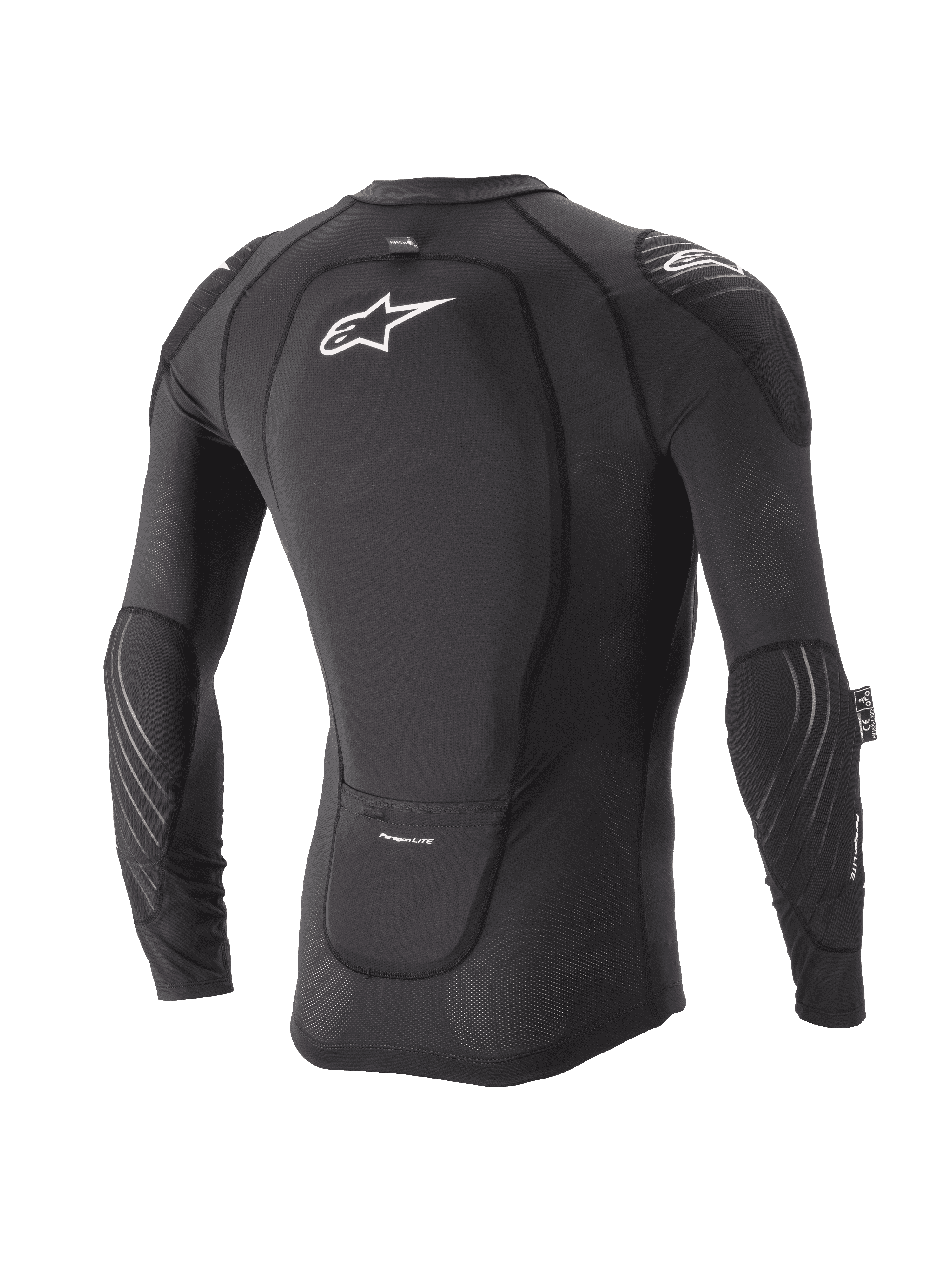 Casaco de Proteção Juvenil Alpinestars Paragon Lite, Manga Comprida, Preto, vista traseira com protetor de costas integrado e logótipo branco, mangas em malha respirável com acolchoamento nos cotovelos, proteção de corpo leve para MTB