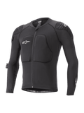 Alpinestars Youth Paragon Lite Protection Jacket, casaco de proteção de manga comprida para BTT, preto com logótipos brancos, fecho frontal, proteção acolchoada no peito e nos ombros, mangas em malha respirável, design leve e flexível para BTT juvenil