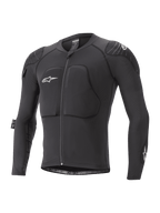 Alpinestars Youth Paragon Lite Protection Jacket, casaco de proteção de manga comprida para BTT, preto com logótipos brancos, fecho frontal, proteção acolchoada no peito e nos ombros, mangas em malha respirável, design leve e flexível para BTT juvenil