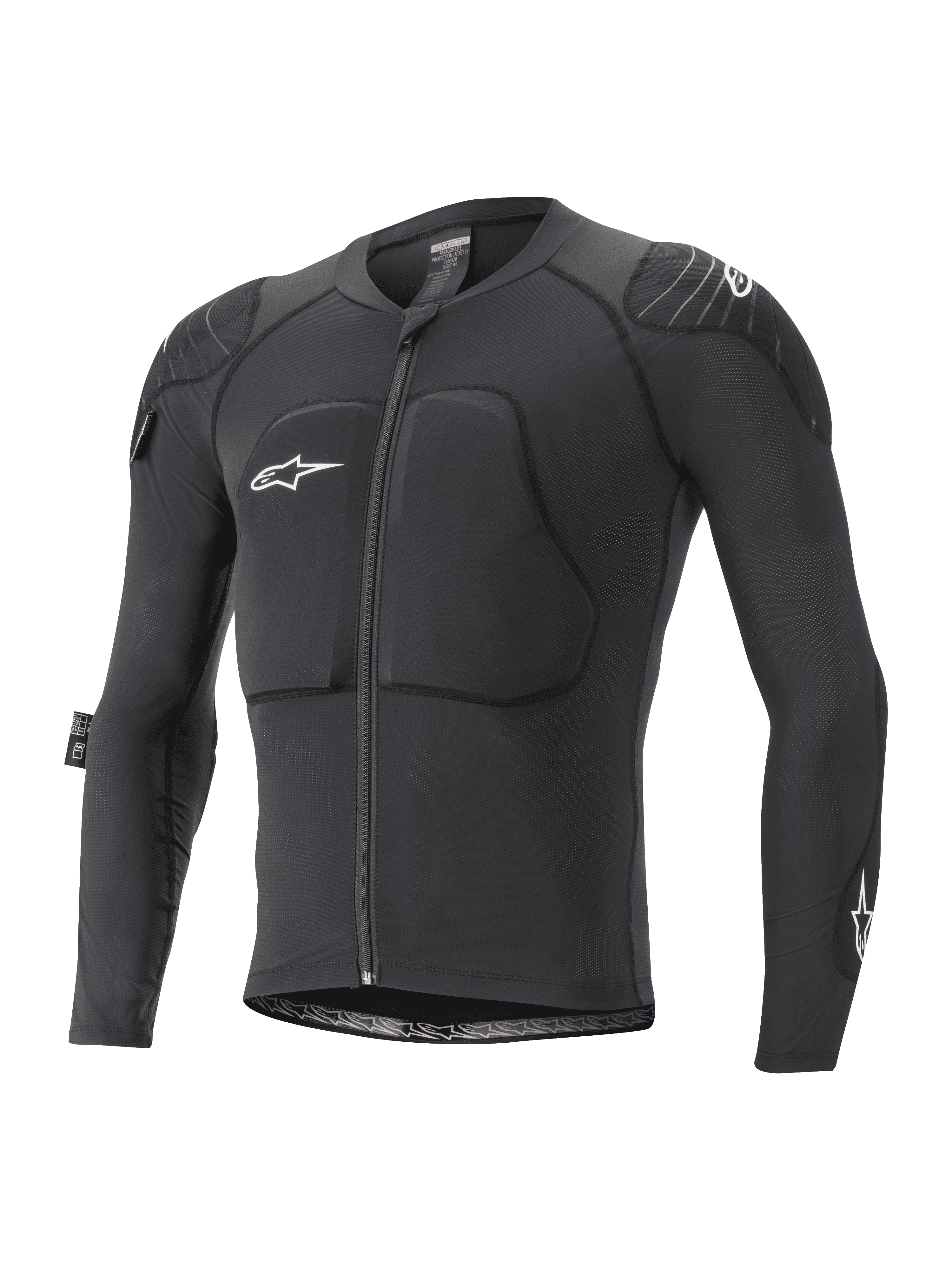 Alpinestars Youth Paragon Lite Protection Jacket, casaco de proteção de manga comprida para BTT, preto com logótipos brancos, fecho frontal, proteção acolchoada no peito e nos ombros, mangas em malha respirável, design leve e flexível para BTT juvenil