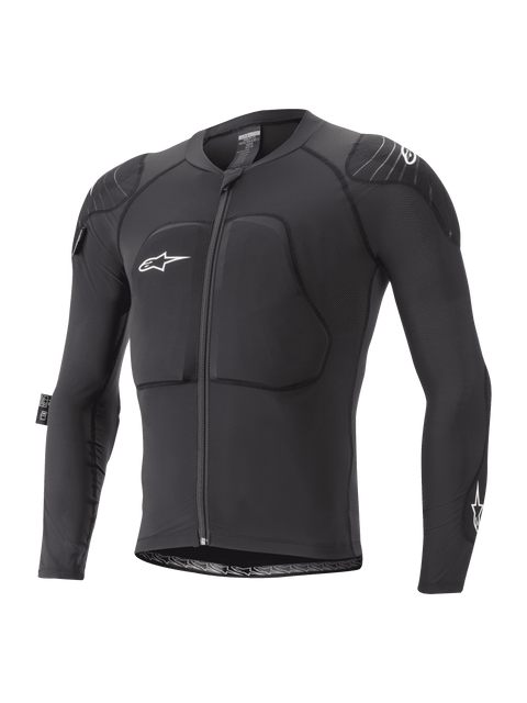 Alpinestars Youth Paragon Lite Protection Jacket, casaco de proteção de manga comprida para BTT, preto com logótipos brancos, fecho frontal, proteção acolchoada no peito e nos ombros, mangas em malha respirável, design leve e flexível para BTT juvenil