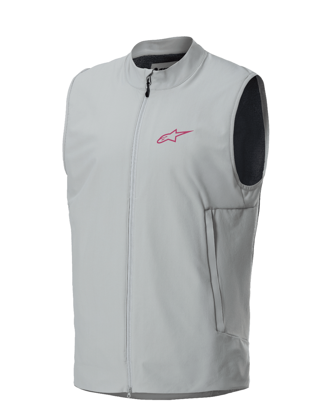 Alpinestars A-Dura Thermal Vest, Cinzento Titanium, logótipo de estrela Alpinestars magenta no peito, fecho frontal completo com bolsos laterais verticais, colete com isolamento leve para BTT e trail