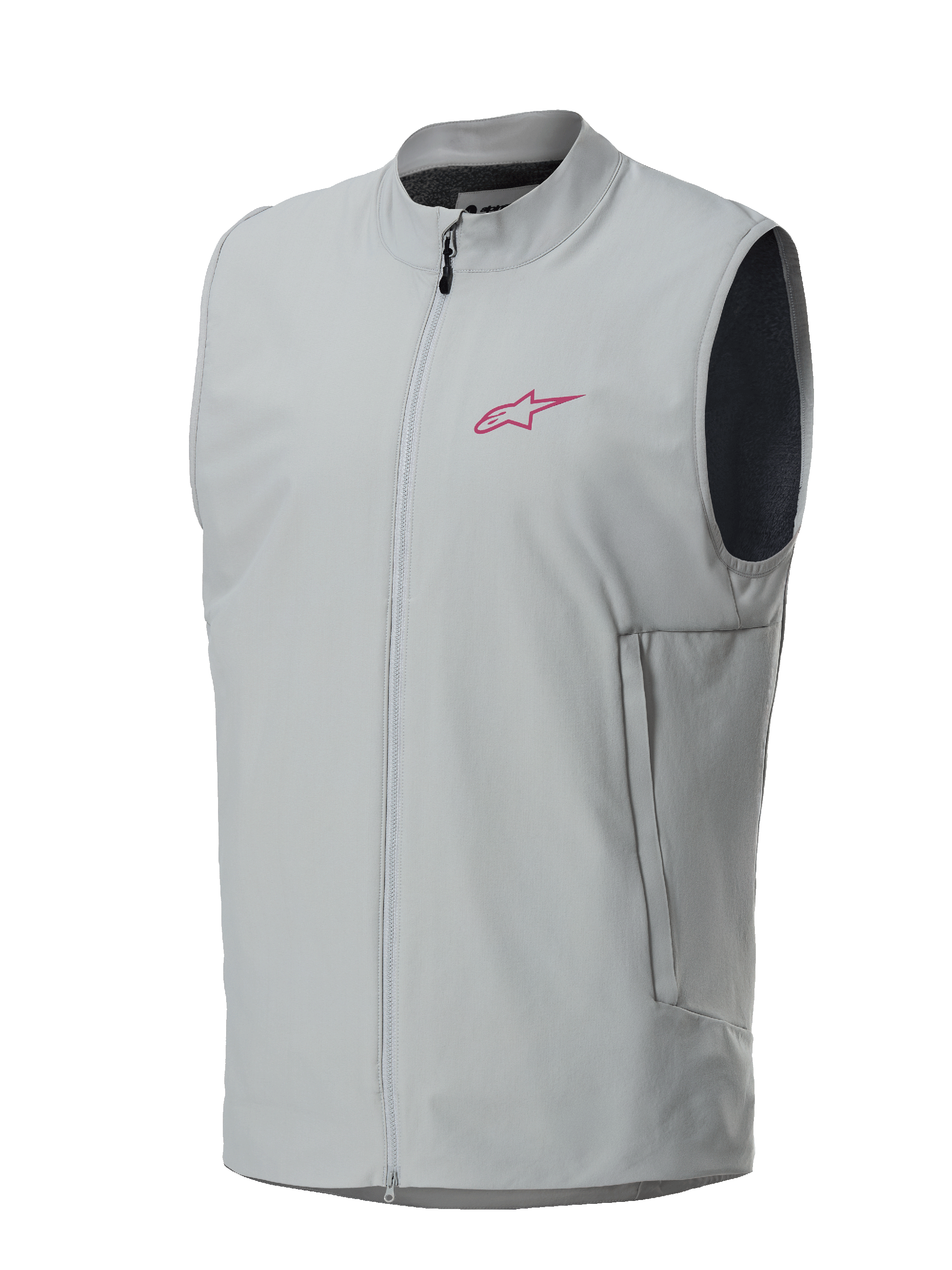Alpinestars A-Dura Thermal Vest, Cinzento Titanium, logótipo de estrela Alpinestars magenta no peito, fecho frontal completo com bolsos laterais verticais, colete com isolamento leve para BTT e trail
