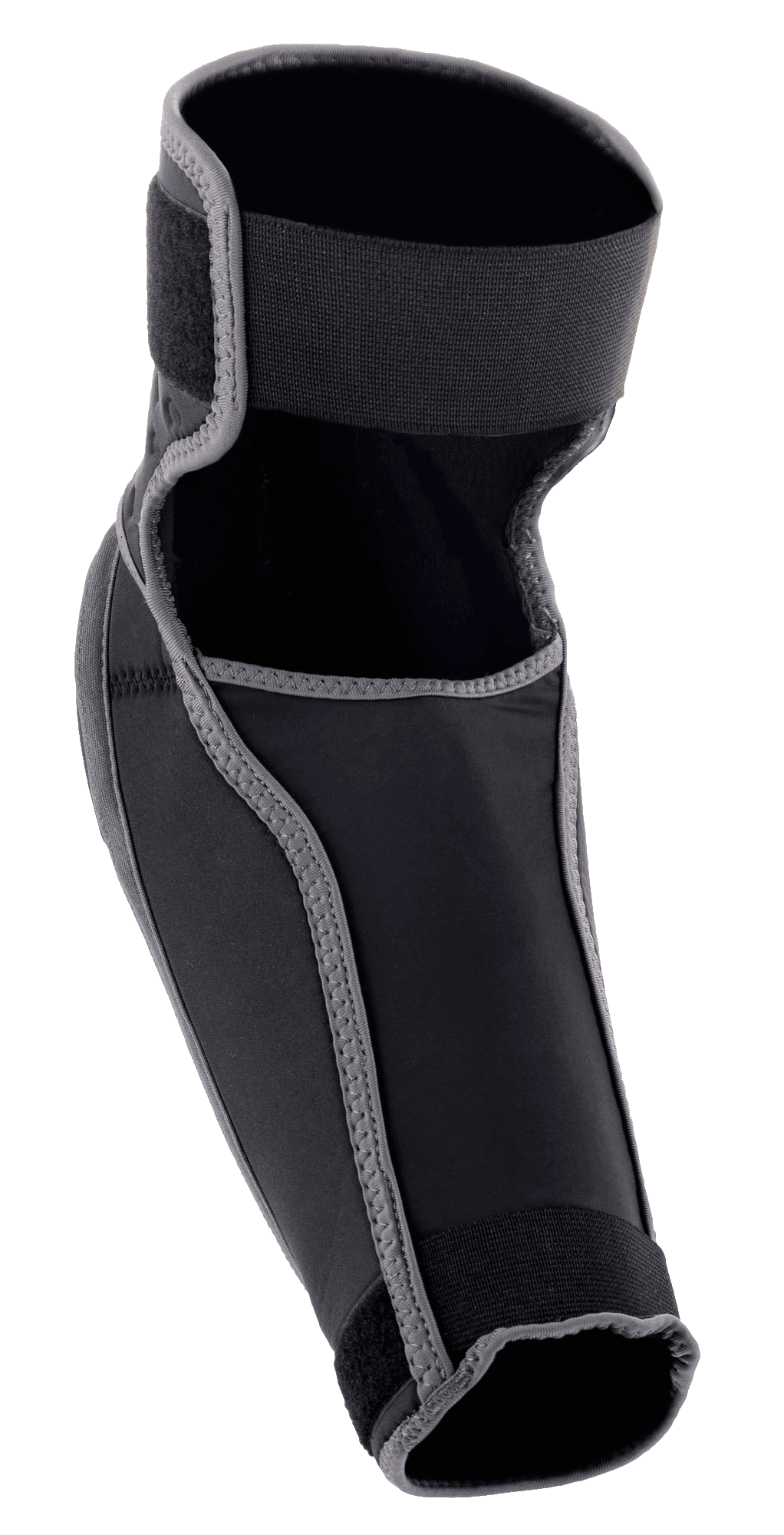 Cotoveleiras Alpinestars Vector, proteções de cotovelo para BTT, preto e cinzento antracite, com construção em duas partes, correias elásticas superiores e inferiores, fechos de gancho e laço e um recorte para flexibilidade de movimentos