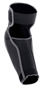 Cotoveleiras Alpinestars Vector, proteções de cotovelo para BTT, preto e cinzento antracite, com construção em duas partes, correias elásticas superiores e inferiores, fechos de gancho e laço e um recorte para flexibilidade de movimentos