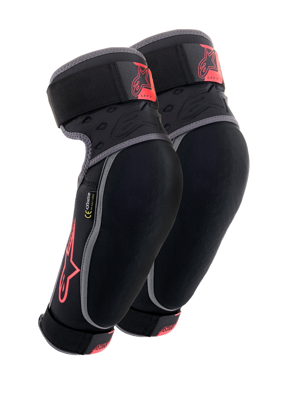 Cotoveleiras Alpinestars Vector, pretas, antracite e vermelhas, equipamento de proteção para MTB, par de protetores com vivos cinzentos, logótipo de estrela vermelho e marca Vector, correias ajustáveis e ajuste de compressão ergonómico