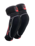 Cotoveleiras Alpinestars Vector, pretas, antracite e vermelhas, equipamento de proteção para MTB, par de protetores com vivos cinzentos, logótipo de estrela vermelho e marca Vector, correias ajustáveis e ajuste de compressão ergonómico
