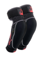 Cotoveleiras Alpinestars Vector, pretas, antracite e vermelhas, equipamento de proteção para MTB, par de protetores com vivos cinzentos, logótipo de estrela vermelho e marca Vector, correias ajustáveis e ajuste de compressão ergonómico