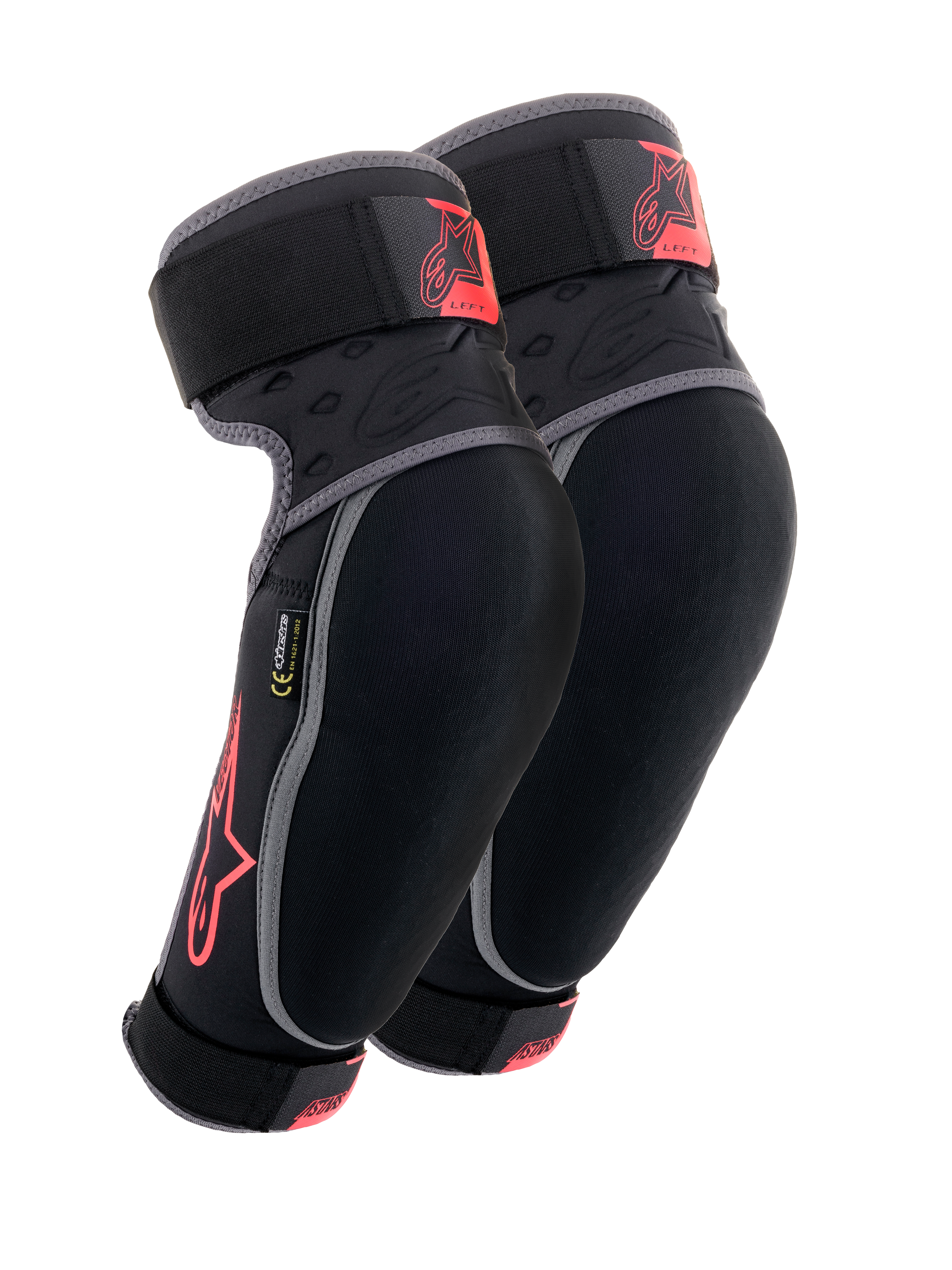 Alpinestars Vector Elbow Protectors, Black Anthracite and Red, MTB Protection Gear, pair of guards with gray piping, red star logo and Vector branding, adjustable straps, and ergonomic compression fit