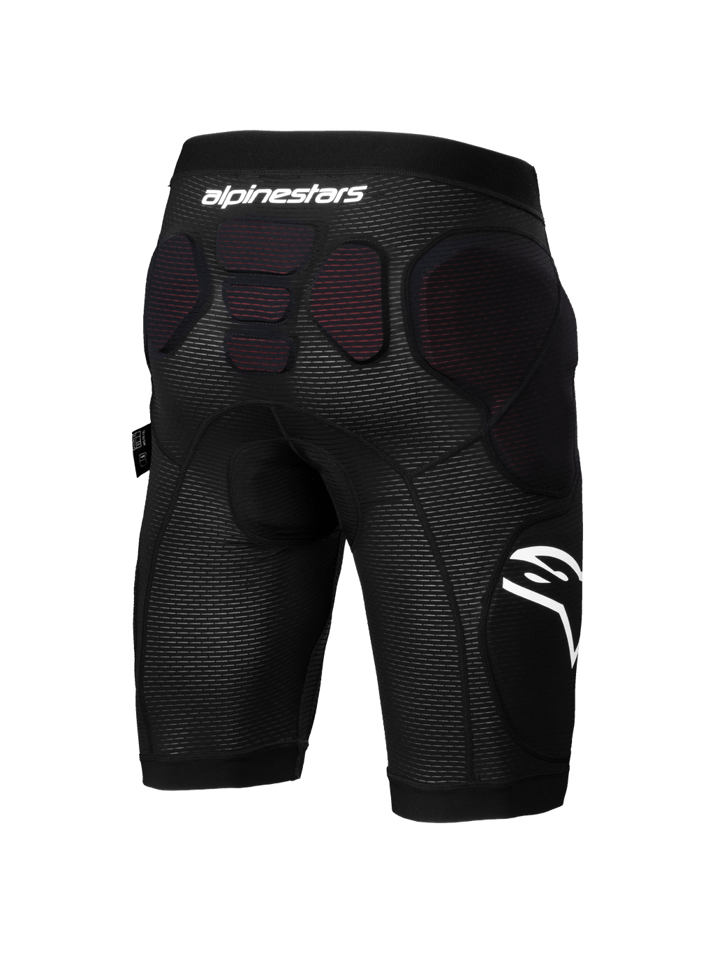 Calções de Proteção Alpinestars A-Impact Plasma, calções de proteção para BTT, preto e branco, vista traseira com acolchoamento protetor integrado nas ancas e na zona inferior da coluna, tecido de malha respirável com logótipo Alpinestars em branco, concebidos para enduro e ciclismo de gravidade