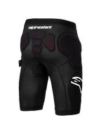 Calções de Proteção Alpinestars A-Impact Plasma, calções de proteção para BTT, preto e branco, vista traseira com acolchoamento protetor integrado nas ancas e na zona inferior da coluna, tecido de malha respirável com logótipo Alpinestars em branco, concebidos para enduro e ciclismo de gravidade