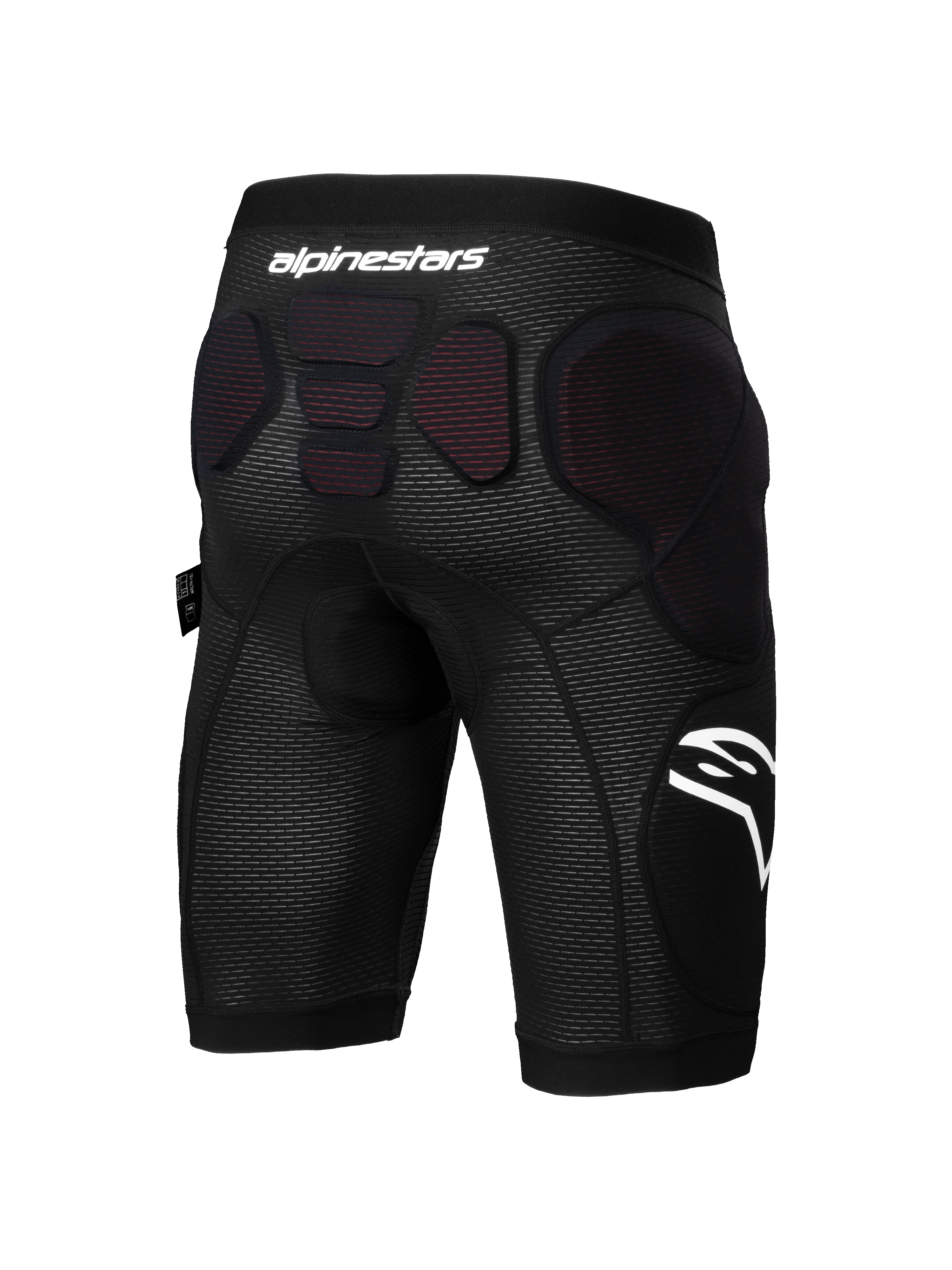 Calções de Proteção Alpinestars A-Impact Plasma, calções de proteção para BTT, preto e branco, vista traseira com acolchoamento protetor integrado nas ancas e na zona inferior da coluna, tecido de malha respirável com logótipo Alpinestars em branco, concebidos para enduro e ciclismo de gravidade