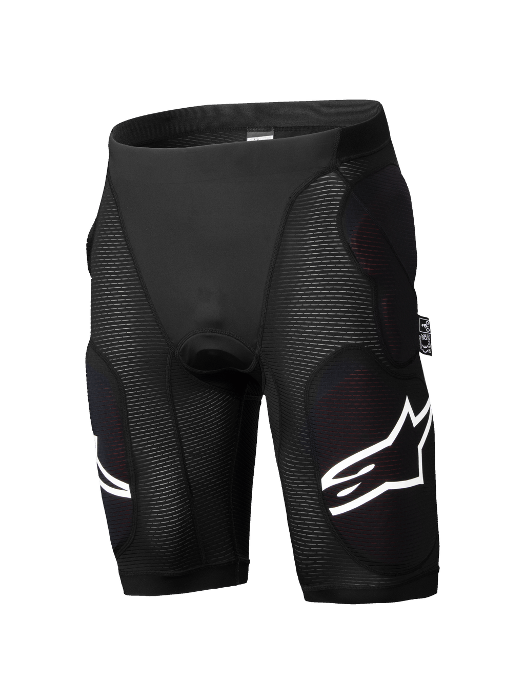 Alpinestars A-Impact Plasma Protection Shorts, calções de proteção para BTT, pretos, proteção integrada contra impactos nas ancas e coxas, painéis texturizados com nervuras, pormenores de logótipo branco, material elástico respirável e justo ao corpo