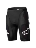 Alpinestars A-Impact Plasma Protection Shorts, calções de proteção para BTT, pretos, proteção integrada contra impactos nas ancas e coxas, painéis texturizados com nervuras, pormenores de logótipo branco, material elástico respirável e justo ao corpo