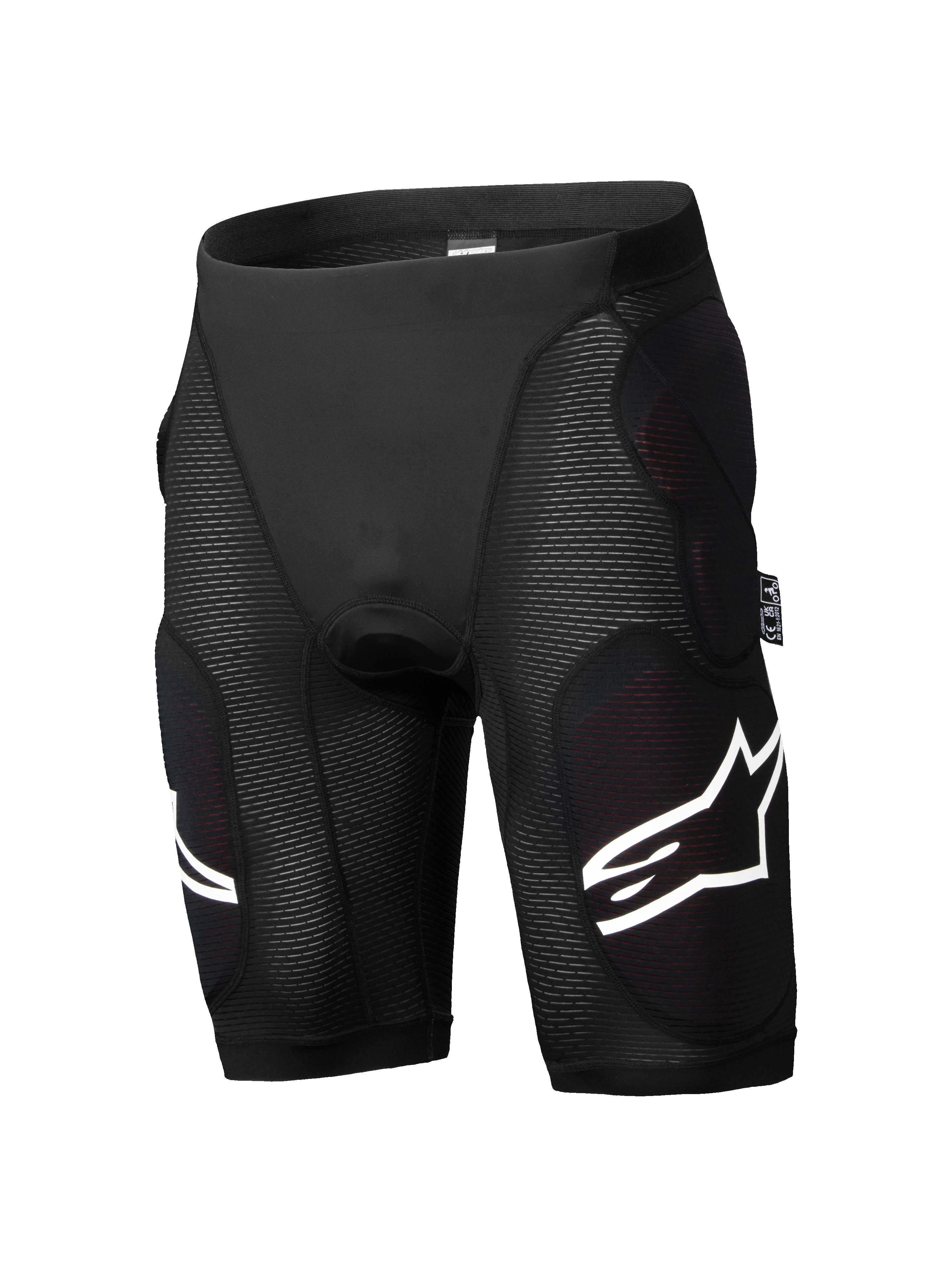 Alpinestars A-Impact Plasma Protection Shorts, calções de proteção para BTT, pretos, proteção integrada contra impactos nas ancas e coxas, painéis texturizados com nervuras, pormenores de logótipo branco, material elástico respirável e justo ao corpo