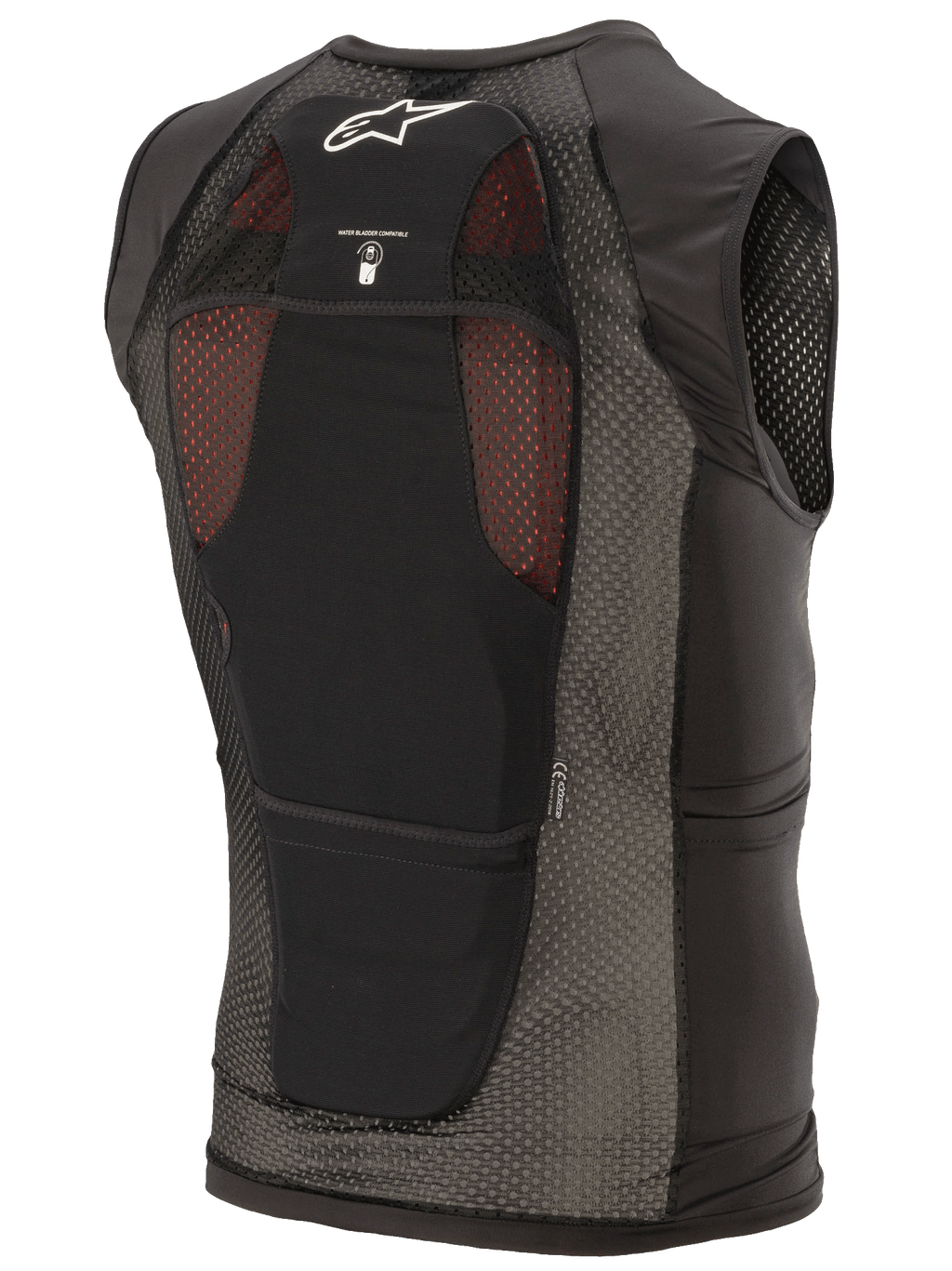 Colete de Proteção Alpinestars Paragon Plus, preto, vista traseira apresentando construção em malha elástica leve, logótipo Astar branco, ícone de compatibilidade com bolsa de hidratação e protetor de costas integrado CE Nível 1.