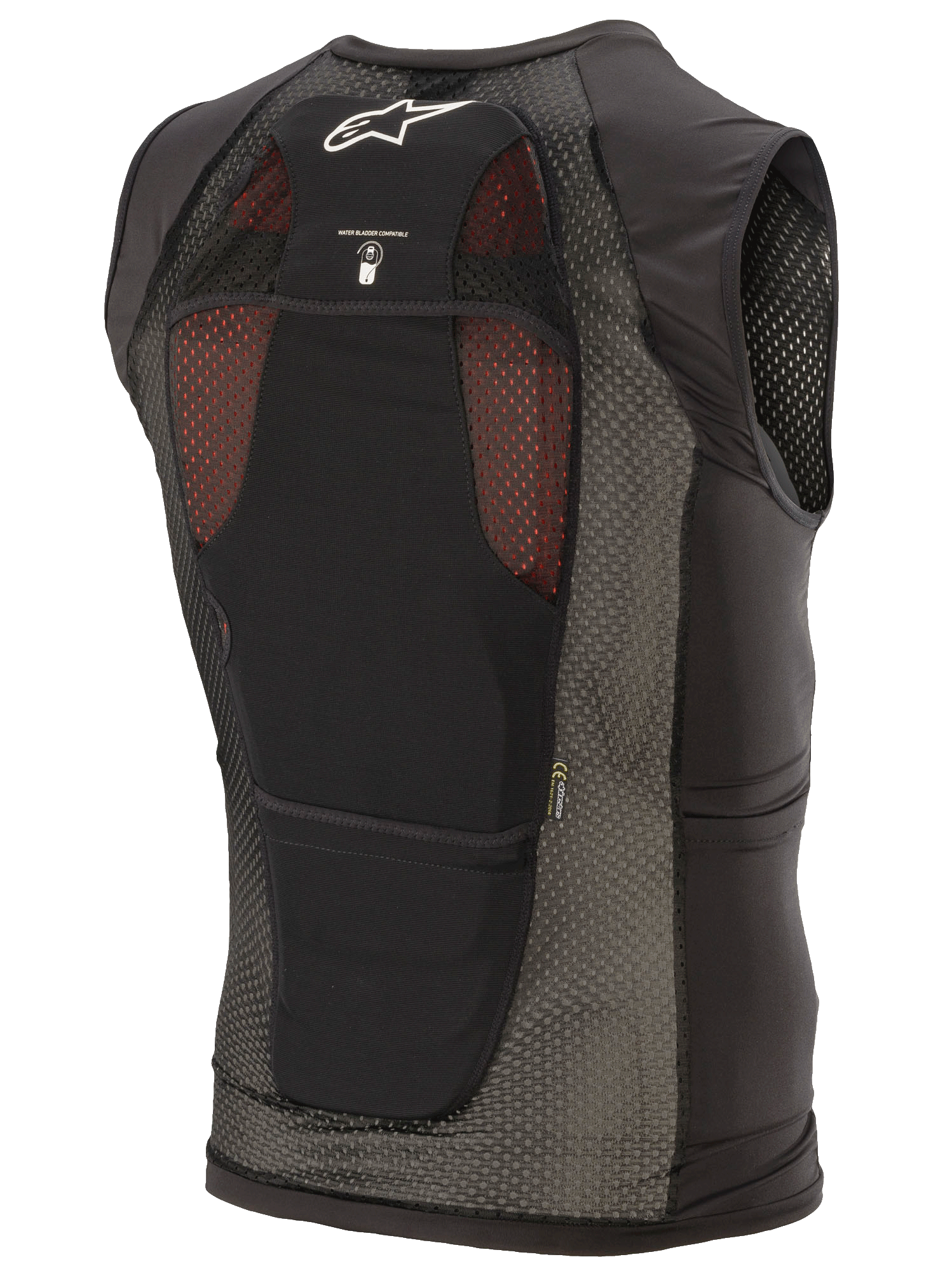 Colete de Proteção Alpinestars Paragon Plus, preto, vista traseira apresentando construção em malha elástica leve, logótipo Astar branco, ícone de compatibilidade com bolsa de hidratação e protetor de costas integrado CE Nível 1.