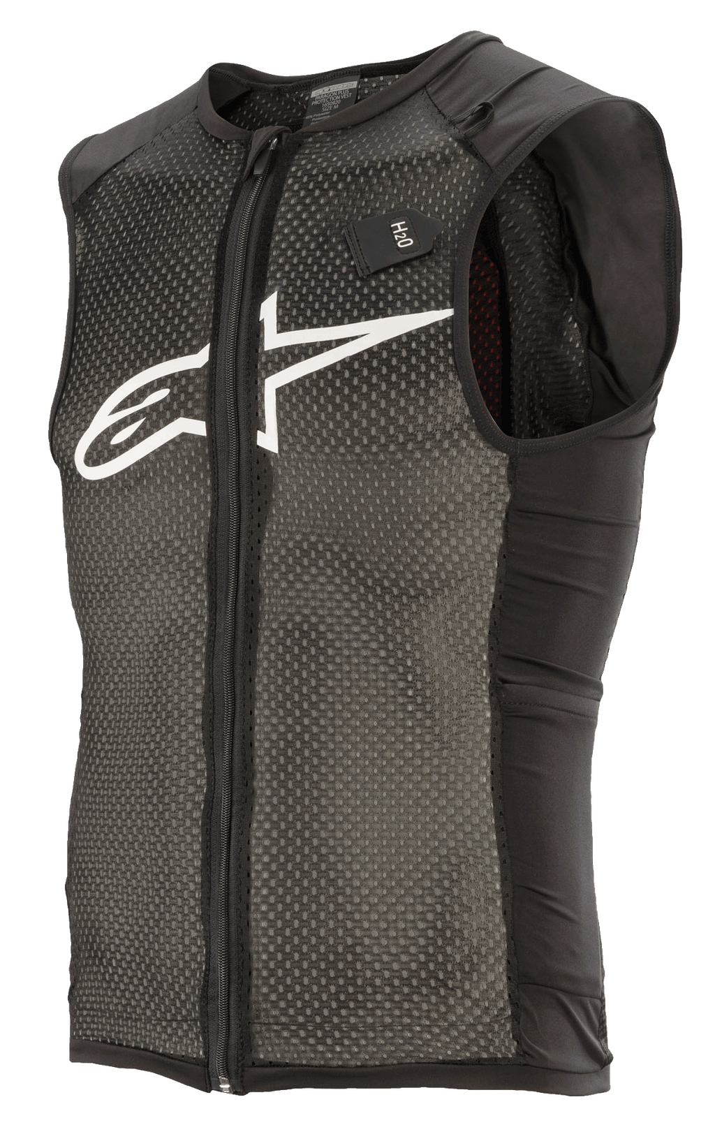 Alpinestars Paragon Plus Protection Vest, colete de proteção leve para BTT, preto e branco, design sem mangas, fecho frontal completo, construção em malha elástica texturizada, painéis laterais pretos, logótipo branco no peito e etiqueta para sistema de hidratação H2O