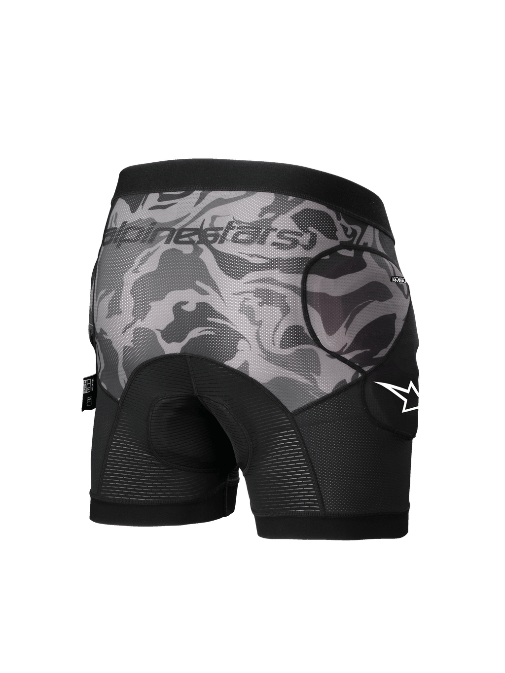 Alpinestars Boxer Acolchoado A-Motion Plasma, calções de proteção MTB para homem, preto e cinzento camuflado, protetores de anca certificados CE Nível 1, vista traseira