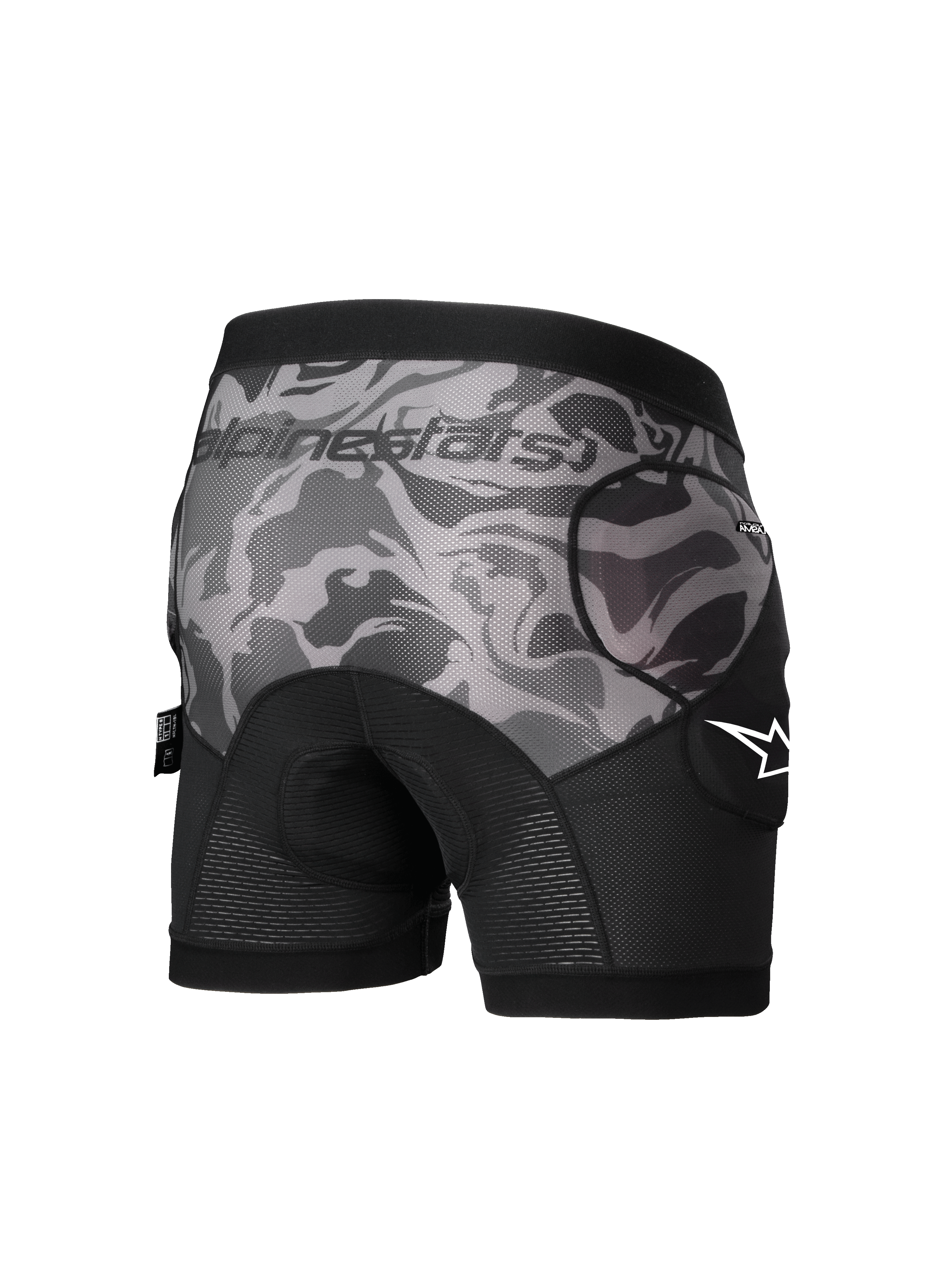 Alpinestars Boxer Acolchoado A-Motion Plasma, calções de proteção MTB para homem, preto e cinzento camuflado, protetores de anca certificados CE Nível 1, vista traseira