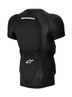 Alpinestars A-Impact Plasma Protection Jacket - Manga Curta, preto, vista traseira com protetor de costas integrado, logótipo Alpinestars branco, cinta ajustável e construção em malha respirável para proteção de MTB