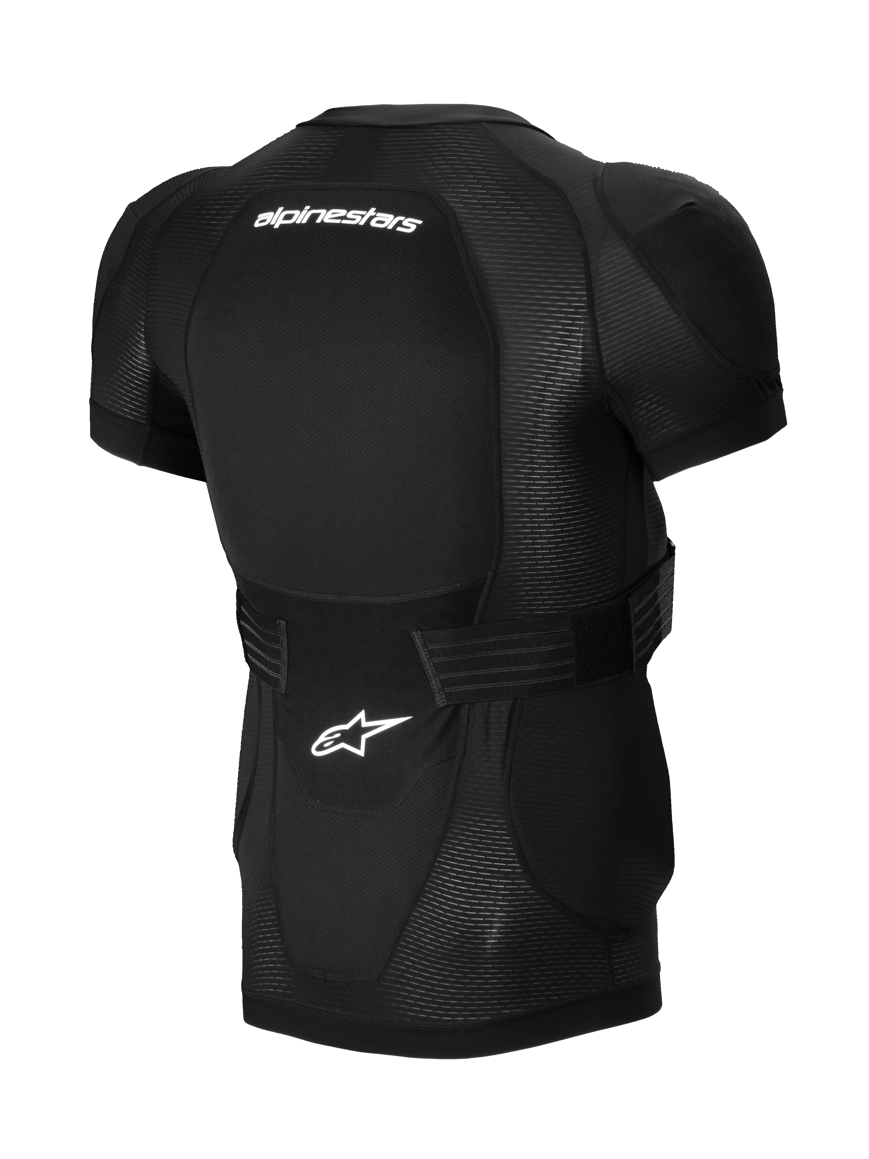 Alpinestars A-Impact Plasma Protection Jacket - Manga Curta, preto, vista traseira com protetor de costas integrado, logótipo Alpinestars branco, cinta ajustável e construção em malha respirável para proteção de MTB