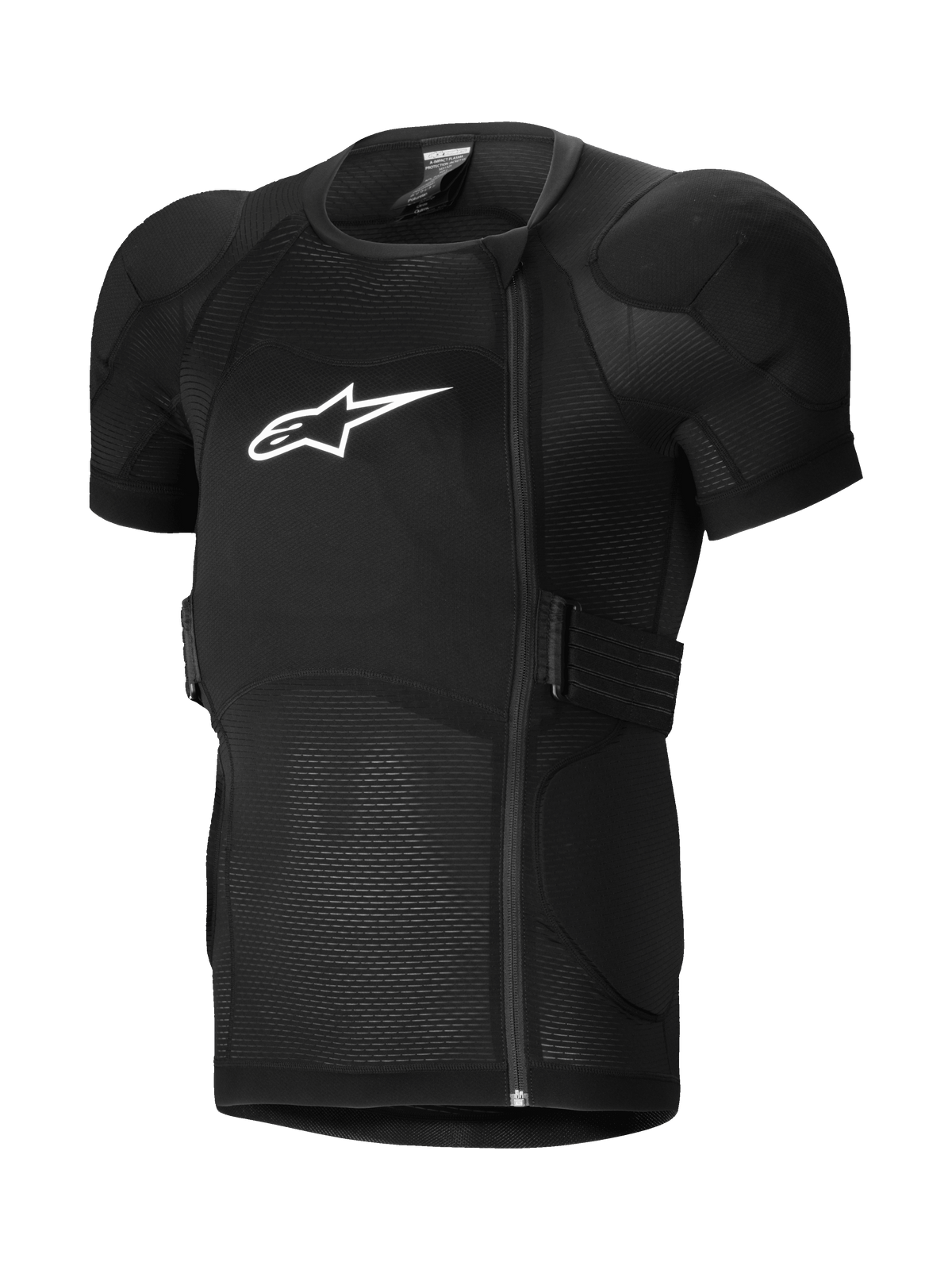 Alpinestars A-Impact Plasma Protection Jacket Short Sleeve, casaco de proteção para MTB, preto, com proteção de peito e ombros almofadados, fecho de correr lateral deslocado, tecido de malha canelada respirável e logótipo branco no peito