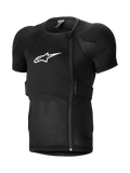Alpinestars A-Impact Plasma Protection Jacket Short Sleeve, casaco de proteção para MTB, preto, com proteção de peito e ombros almofadados, fecho de correr lateral deslocado, tecido de malha canelada respirável e logótipo branco no peito
