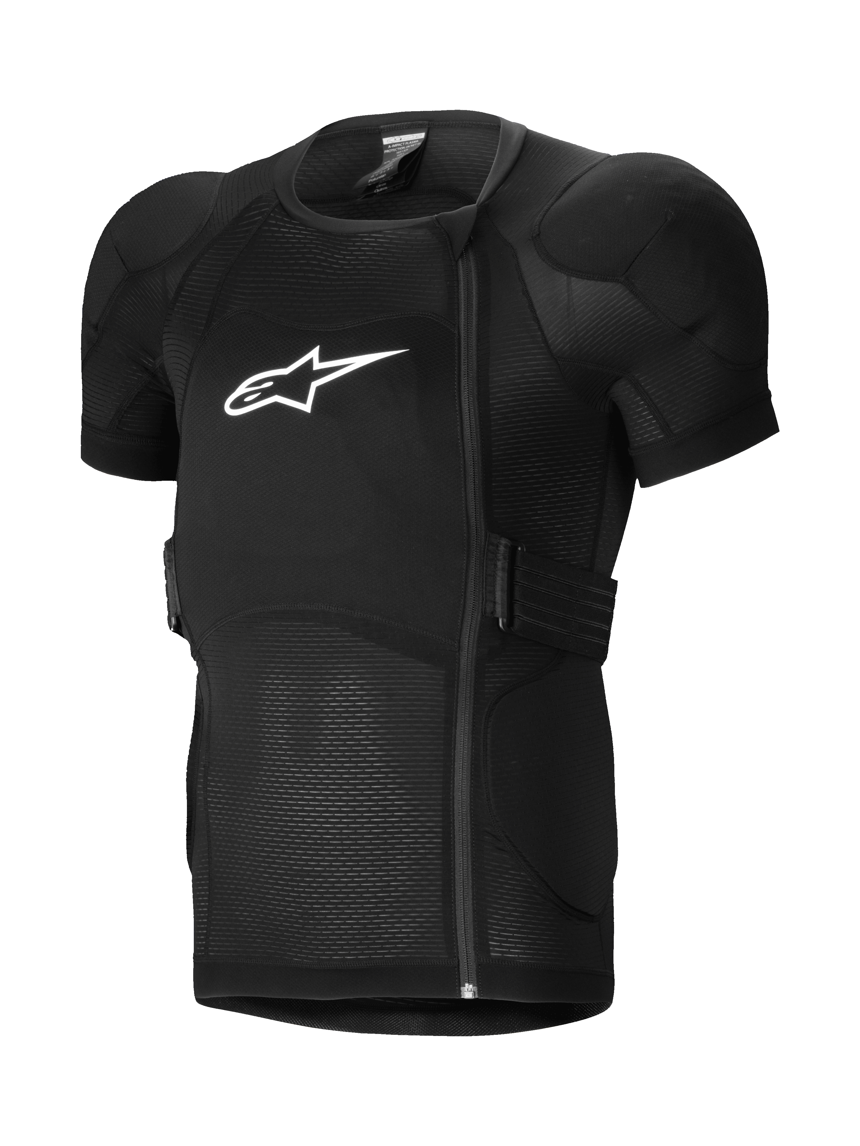 Alpinestars A-Impact Plasma Protection Jacket Short Sleeve, casaco de proteção para MTB, preto, com proteção de peito e ombros almofadados, fecho de correr lateral deslocado, tecido de malha canelada respirável e logótipo branco no peito