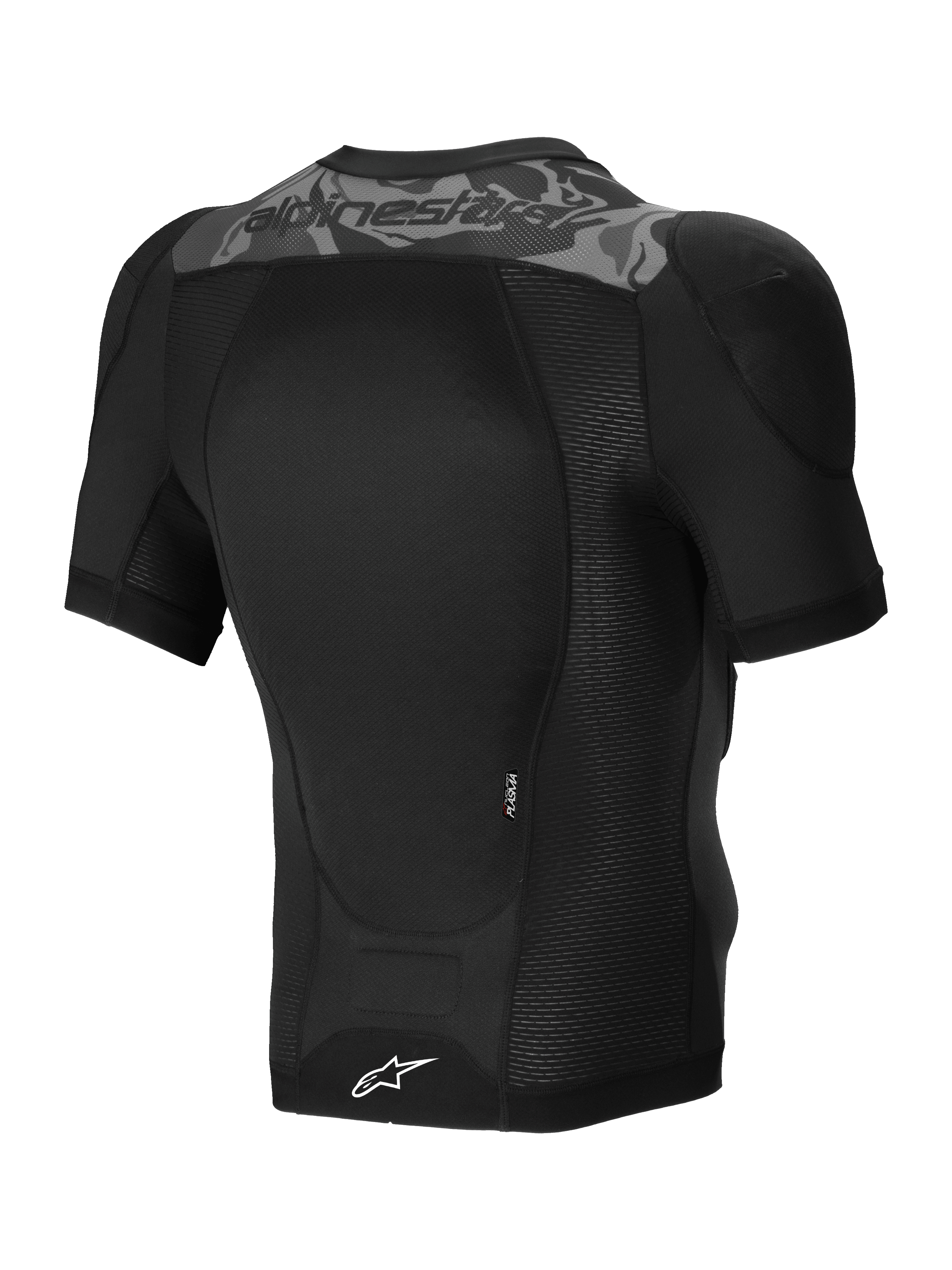 Alpinestars A-Motion Plasma Protection Jacket Short Sleeve, MTB protection jacket in Black Camo, back view showing CE certified Nucleon PLASMA back protector and stretch mesh construction