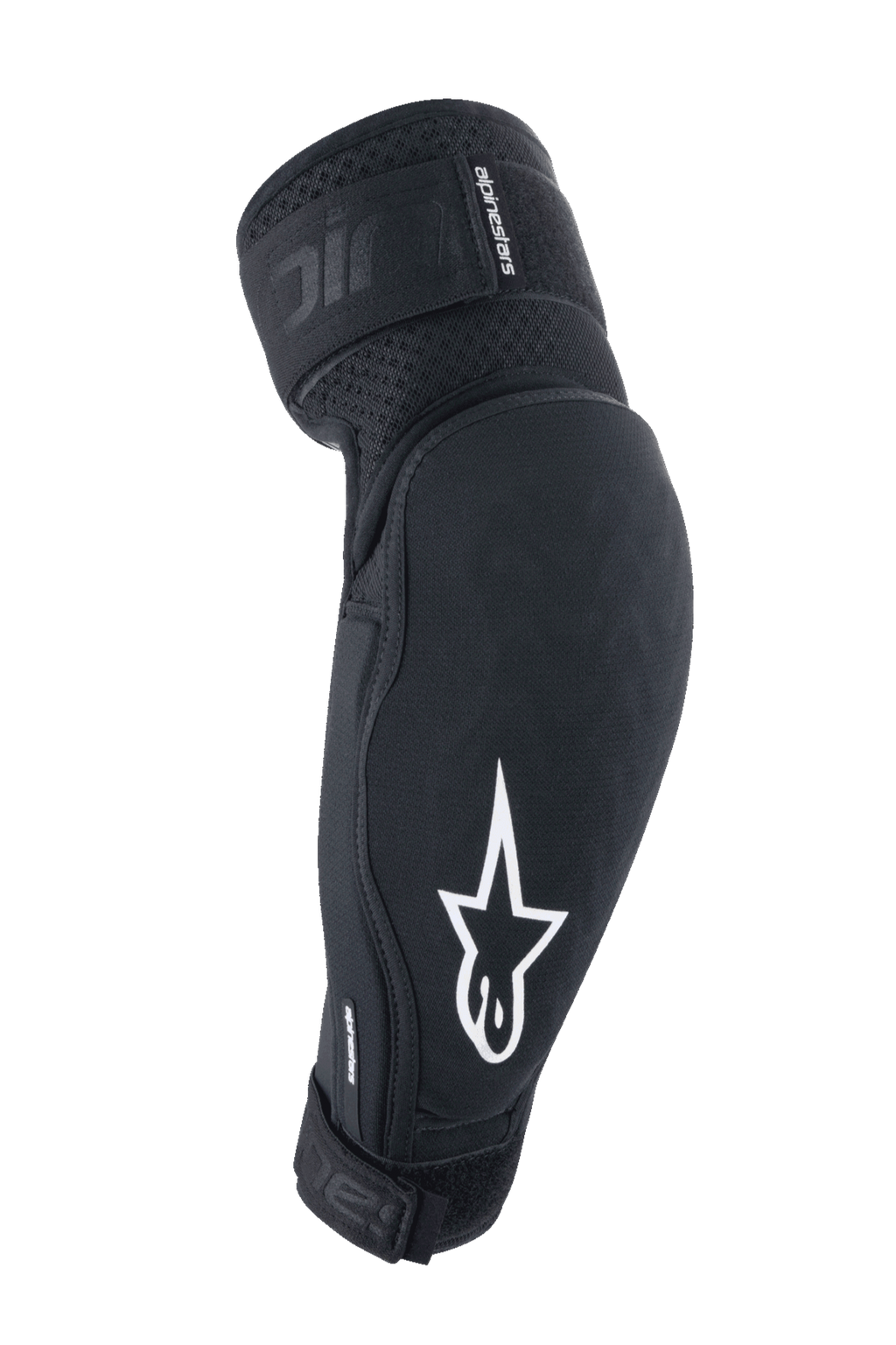 Alpinestars A-Impact Plasma Elite, cotoveleiras de proteção para MTB, pretas e brancas com logótipo de estrela branco, tecido texturizado respirável, correias ajustáveis com fecho Velcro, design ergonómico pré-curvado