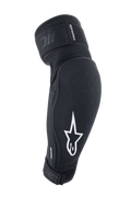 Alpinestars A-Impact Plasma Elite, cotoveleiras de proteção para MTB, pretas e brancas com logótipo de estrela branco, tecido texturizado respirável, correias ajustáveis com fecho Velcro, design ergonómico pré-curvado