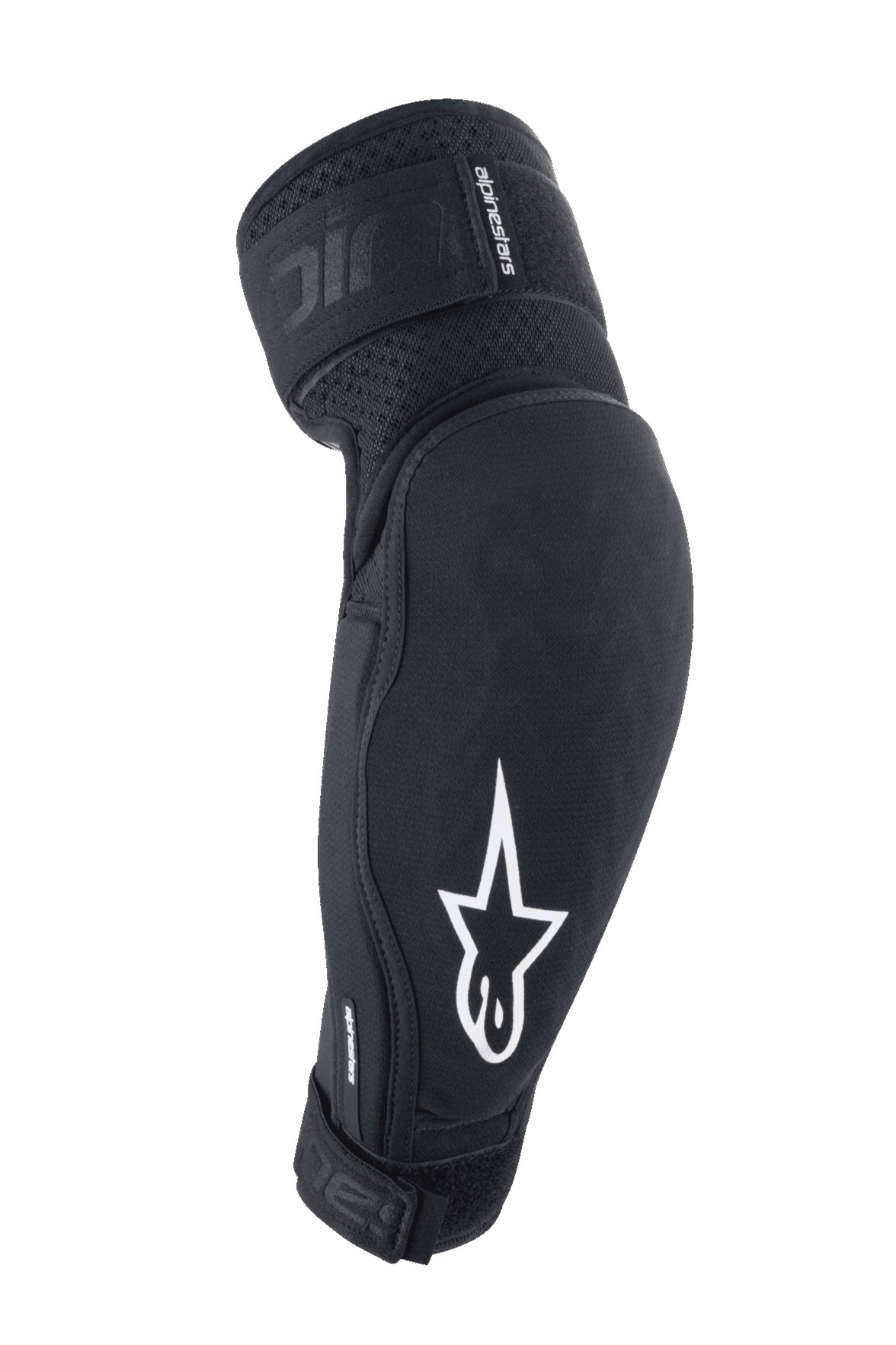 Alpinestars A-Impact Plasma Elite, cotoveleiras de proteção para MTB, pretas e brancas com logótipo de estrela branco, tecido texturizado respirável, correias ajustáveis com fecho Velcro, design ergonómico pré-curvado
