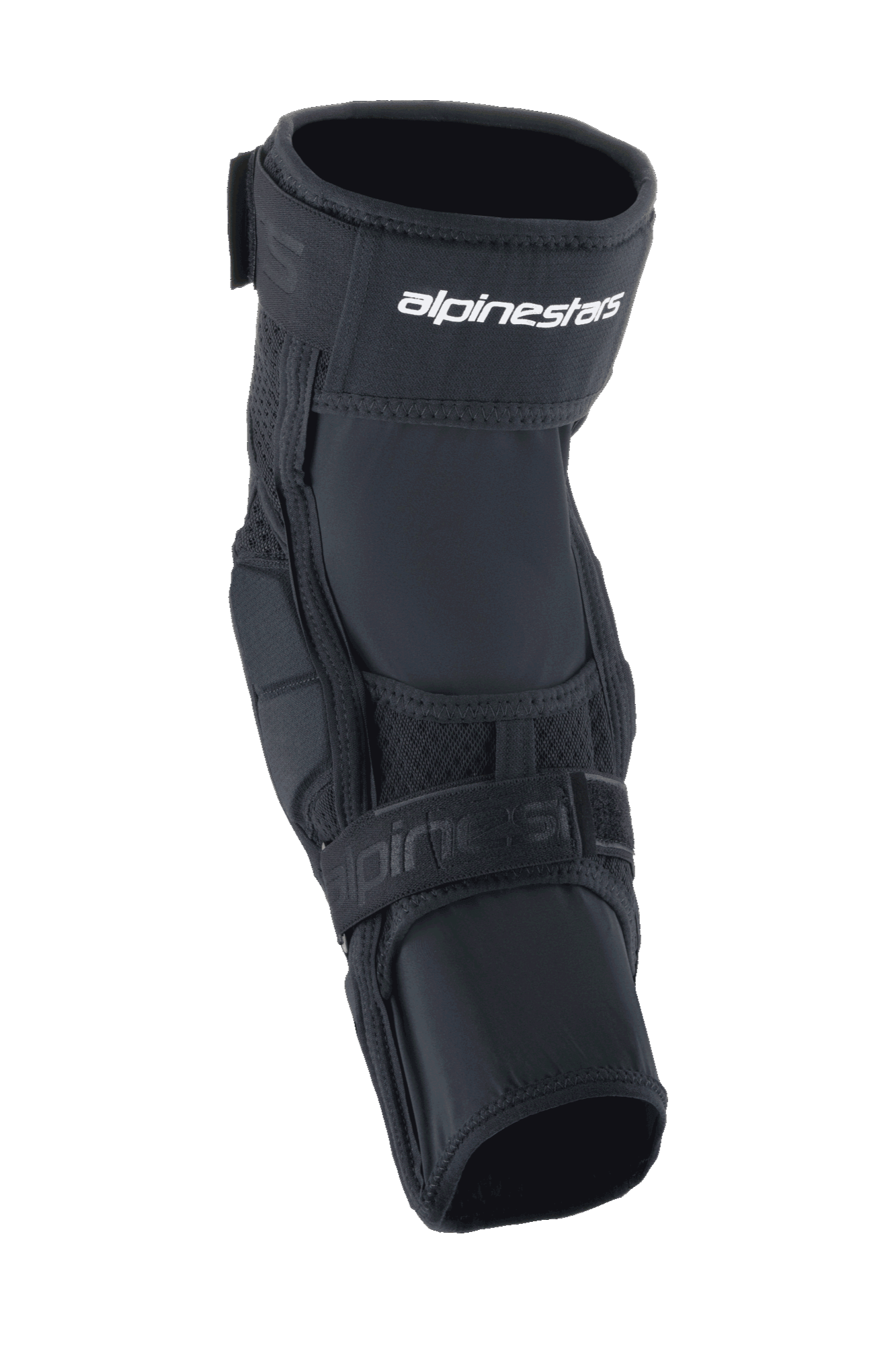Alpinestars A-Impact Plasma Elite Knee Protector, protetor de joelho para ciclismo, preto e branco, com sistema de fecho de tira dupla e logótipo Alpinestars branco, painéis de malha e design ergonómico pré-curvado para proteção contra impactos em BTT