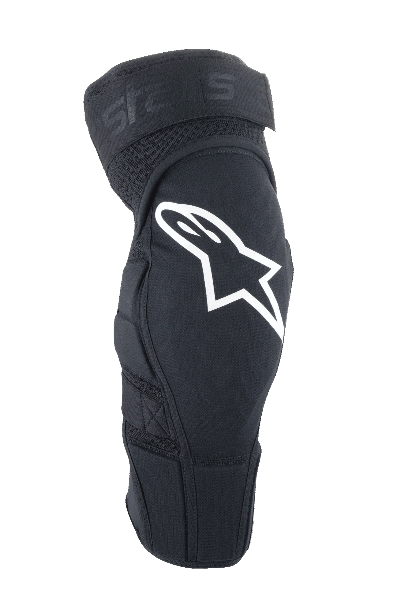 Alpinestars A-Impact Plasma Elite, joelheiras para MTB, pretas com logótipo Astar branco, design ergonómico pré-curvado com ventilação em malha, fecho de tira dupla ajustável