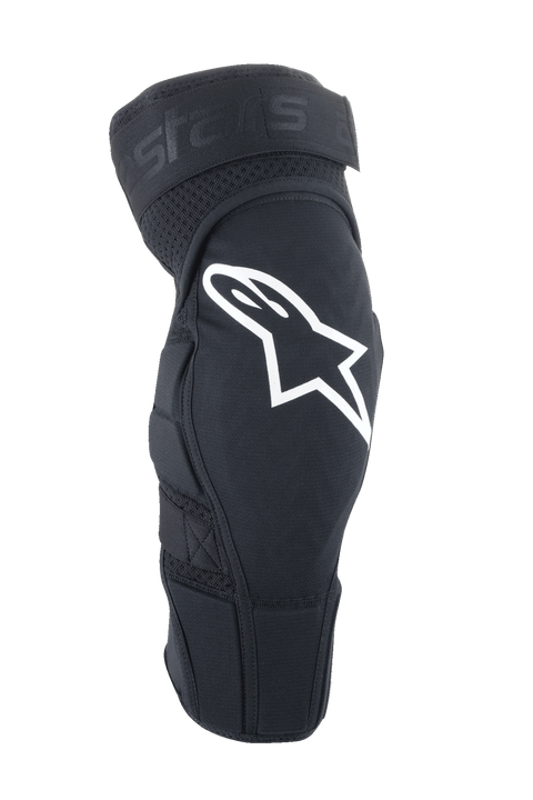 Alpinestars A-Impact Plasma Elite, joelheiras para MTB, pretas com logótipo Astar branco, design ergonómico pré-curvado com ventilação em malha, fecho de tira dupla ajustável