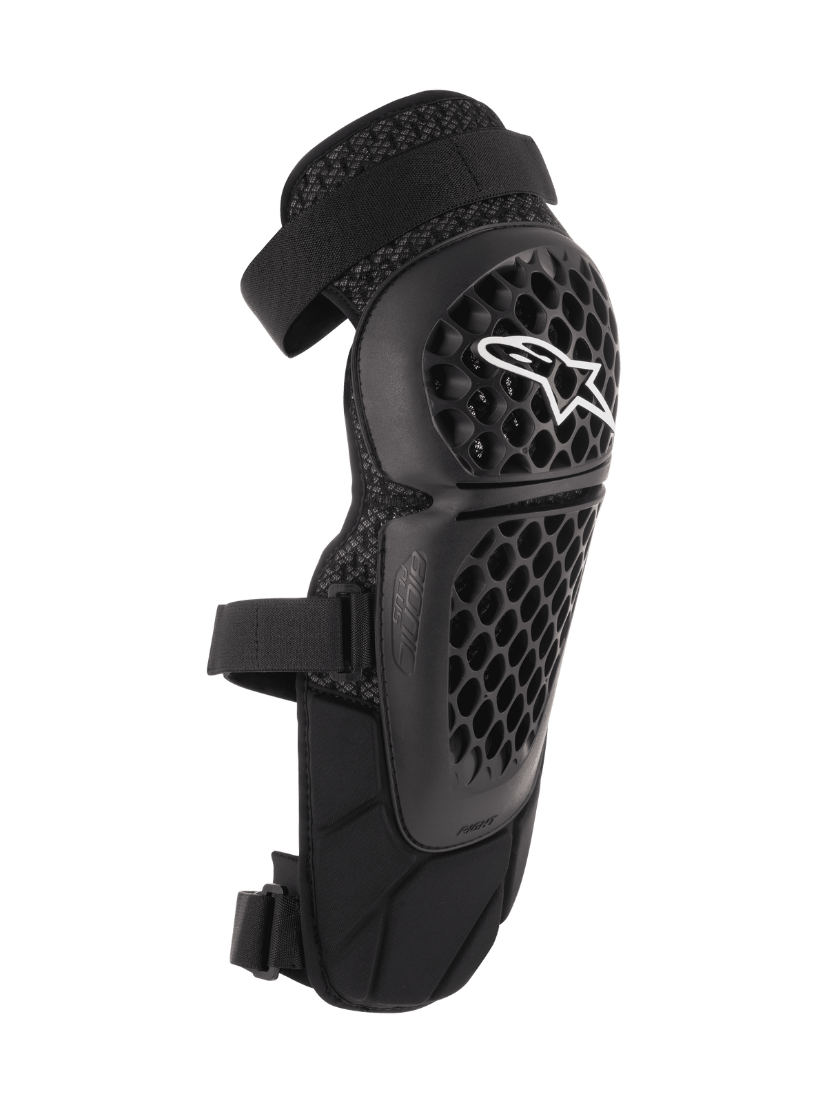 Protetores de joelho/canela Alpinestars Bionic Plus, pretos, proteção para off-road e MTB, com estrutura perfurada em favo de mel, logótipo Alpinestars branco, correias ajustáveis duplas, ventilação em malha 3D, design ergonómico curvo