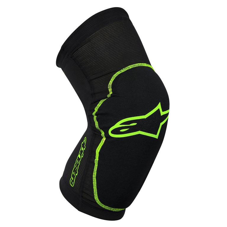 Alpinestars Paragon Knee Guard, joelheira de proteção para desportos, preta com detalhes verde fluorescente, design curvo anatómico, material elástico texturizado, almofada reforçada, proteção premium para joelho